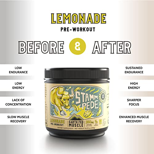 Earth Fed Muscle Stammpede Lemonade Pre Workout - Boosts Energy - Beta Alanine, 250Mg Caffeine, Citrulline Malate, Taurine, Tyrosine - Soy Free, Gluten Free, Sugar Free. Keto Friendly - 26 Servings #TOP3