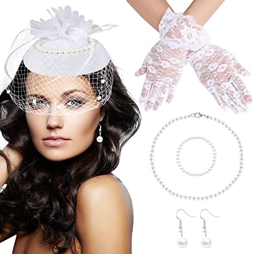 5Pcs Fascinators Hat Veil Mesh Headband Set Tea Party Fascinators Set Lace Gloves, Pearl Necklace, Bracelet, Earrings (White) #TOP7