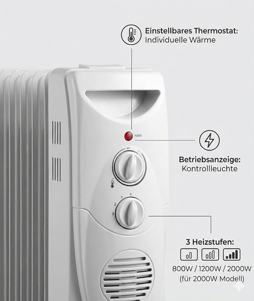 Ölradiator 2000W / 2500W | Mobiler Heizkörper mit Thermostat & 3 Heizstufen | Energiesparender Radiator auf Rollen | Überhitzungsschutz & Kontrollleuchte, Weiß (15-gliedrig, 2500, Watt, 230, Volt)