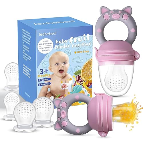 Image of Baby Fruit Food Feeder Pacifier - Fresh Teething Pacifiers, Infant Fruit Teething Teether Toy for 3-24 Months, 6 Pcs Silicone Pouches for Toddlers & Kids & Babies, Piggy Handle 2-Pack (Pink & Gray)
