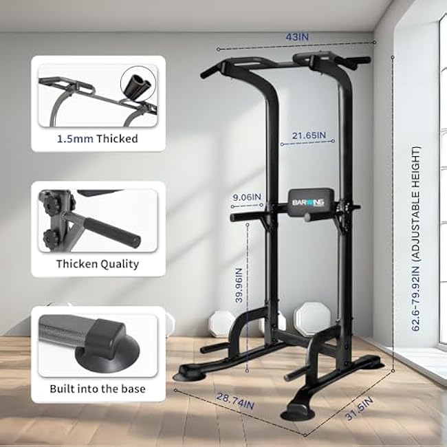 BARWING Pull Up Bar Station, Power Tower, Dip Station with 3D Backrest, Multi-Function Strength Training Stand Rack, Adjustable Height Dip Bar for Home Gym Workout Stand Fitness Exercise Equipment