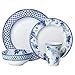 Mikasa Kiley Bone China Lightweight Chip Resistant 16 Piece Dinnerware Set, Service for 4,Blue and White