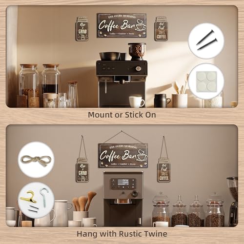 Image of 3 Piece Coffee Bar Decor Signs, Rustic Farmhouse Kitchen Wall Art with 3D Layered Wood Design, Themed Set for Coffee Station Accessories & Nook Decoration