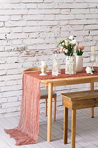 Dloapesy Semi-Sheer Table Runner Cheesecloth Gauze Cheesecloth Tablecloth Boho Rustic Table Cover for Kitchen Dining Room Bridal Shower Wedding Party Supplies (Dusty Pink
