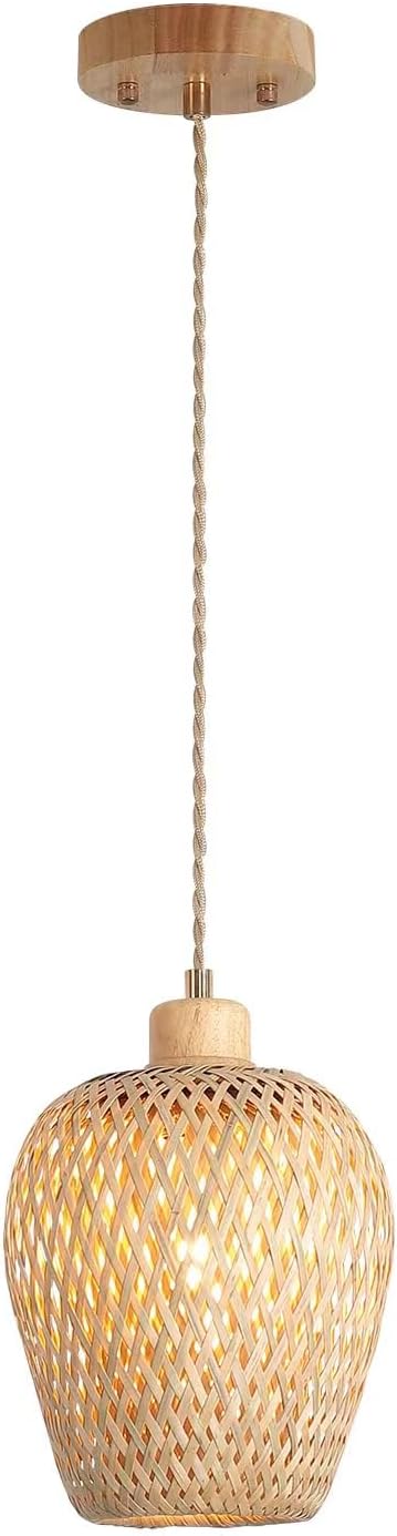 Bamboo Pendant Light Fixture One-Light Adjustable Boho Basket Handmade Woven Mini Pendant Lighting for Kitchen Island Sink Farmhouse Home Natural-5