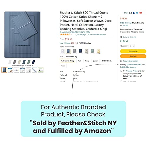 Feather & Stitch 500 Thread Count Full Size 100% Cotton Sheets Blue 4 Piece Damask Stripe Breathable Silky Soft Sheet Set Extra Deep Pocket Fits Mattress Upto 18 inch Sateen Weave Luxury Bedding