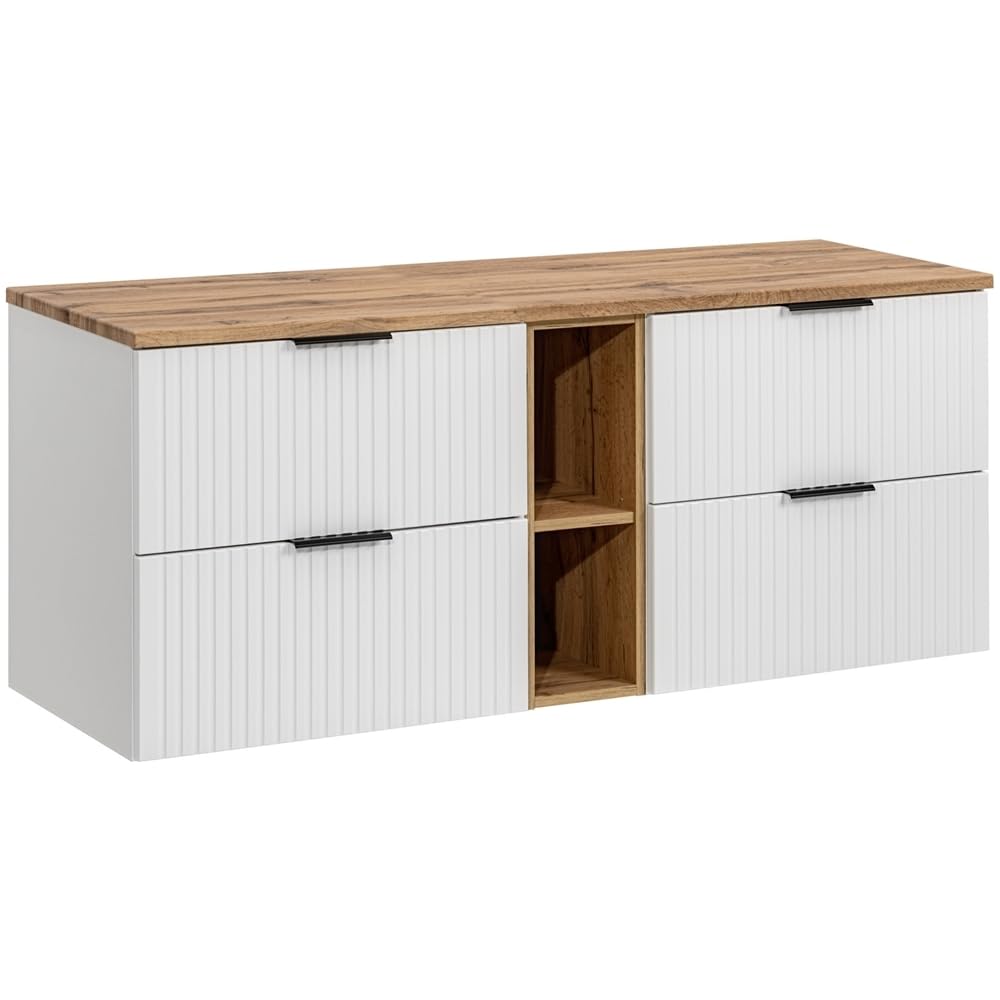 Lomadox Mobile doppio lavabo 140 cm bianco con rovere Nb., frontale scanalato, piano lavabo in rovere, 4 cassetti