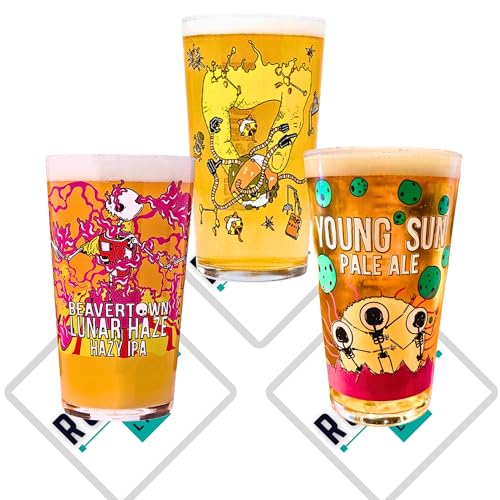 Beavertown Lot de 3 verres à bière Young Sun Nanobot Luna Beer Lager - Également livrés avec des sous-verres de la marque Beavertown - Roxley Pub Bar Man Cave