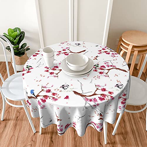 Cherry Blossom Tablecloth Round 60 Inches Spring Summer Farmhouse Floral Tablecloth Waterproof Polyester Washable Flower Bird Table Cloth Table Cover For Kitchen Dining Room Picnic Patio Party #TOP6