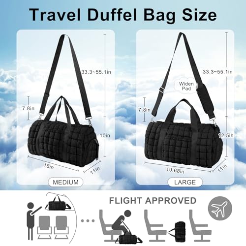 Image of Quilted Travel Duffle Bag Gym Bag for Women,Large Puffer Duffle Weekender Bag with Compartment,Workout Overnight Carry on Organizer Bag Duffle Bag for Airplane Travel(L-Black)