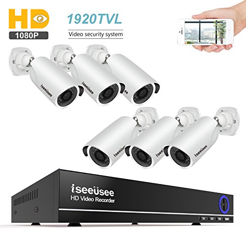 ISEEUSEE 8CH Security Camera System 1080N Video DVR Recorder with 6 x HD 1920TVL 1080P Indoor Outdoor Weatherproof CCTV Cameras, Motion Alert, Smartphone, PC Easy Remote Access, NO Hard Drive