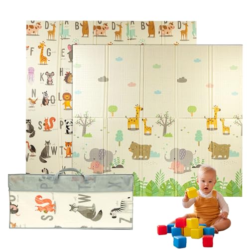 Alfombra de juegos para bebés, plegable, sensorial, impermeable, no tóxica, reversible. Alfombra versátil, perfecta para gatear de forma segura. (Animals and Alphabet, 150cm x 180cm x 1cm thick)
