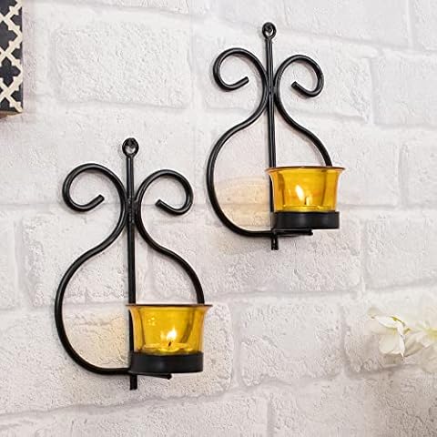 Homesake ® Moroccan Multicolor Mosaic Decorative Wall Sconce Candle Holder with Yellow Glass for Home Decoration with Tea Light Candles -Pack of 2 Cover