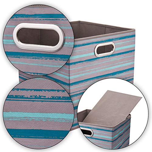 I Bkgoo Cloth Storage Bins Set Of 4 Thick Fabric Drawers Foldable Cubes Basket Organizer Container With Dual Metal Handles For Shelf Cabinet Bookcase Boxes Gray-Blue Stripes 13X13X13 Inch #TOP3