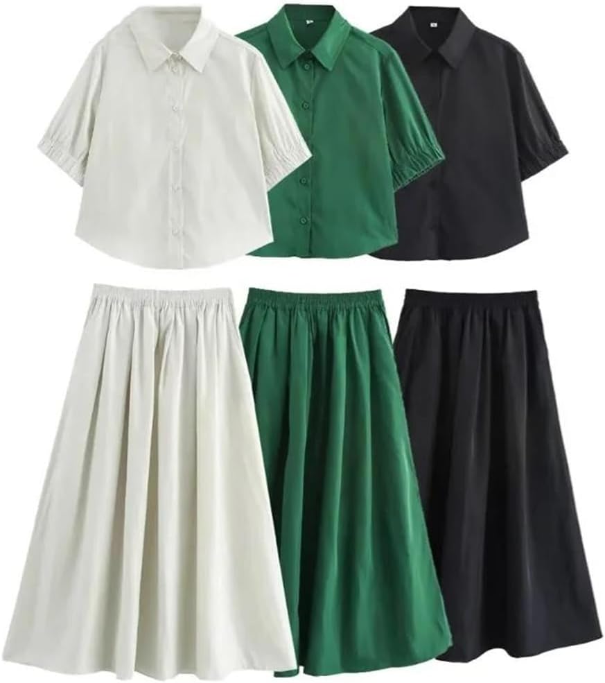 Women's Summer Set Short Sleeve Color Shirt Top Wide Swing Midi Skirt Casual Set