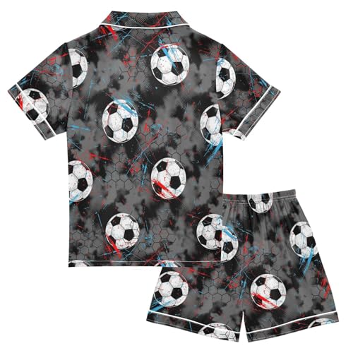 Satin Pajama Sets Short Sleeve Soccer Ball Sport Button Down Silky Nightwear 2 Piece PJS 5-14Y2