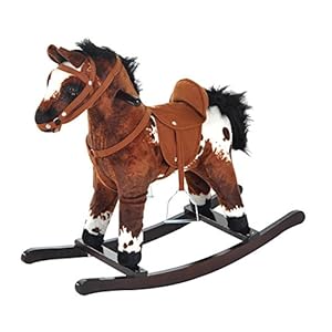 Qaba Kids Metal Plush Ride-On Rocking Horse Chair Toy with Realistic Sounds – Dark Brown/White
