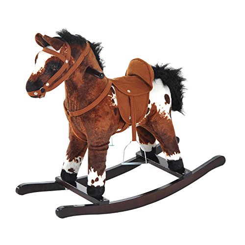 Qaba Kids Metal Plush Ride-On Rocking Horse Chair Toy with Realistic Sounds – Dark Brown/White
