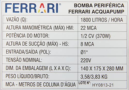 Bomba Periferica Ferrari Acquapump 1/2cv - 220v Ferrari Amarelo