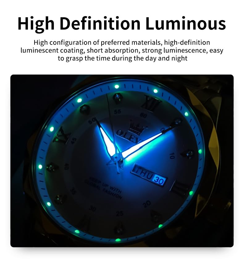 Image of OLEVS Watches for Men Luxury Diamond Casual Large Dial Watches Stainless Steel Waterproof Business Dress Analog Luminous Date Mens Watches