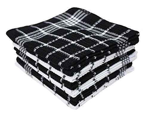 Cotton Waffle Checkered Terry Dish Cloths, 13x13" Set of 12, Absorbent Durable Drying Cleaning Kitchen Cloths-Black/White