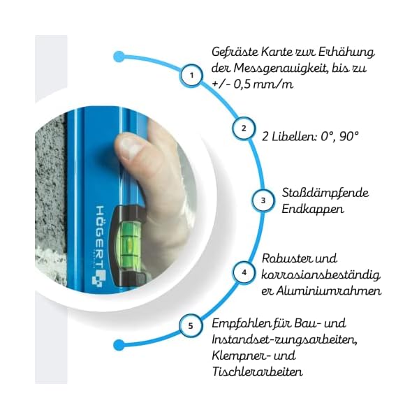 Högert Technik - Wasserwaage 20 cm, Verfügt über 2 Libellen: 0 ° / 90 °, Wasserwaagen aus Aluminium, Stoßdämpfende Endkappen, Größe: 20×5.65×2.1 cm, HT4M001-D – Bild 6