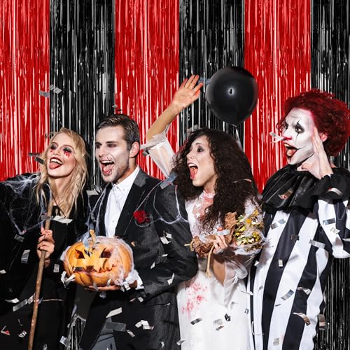 Image of ZATAYE 8 Pack Black Red Halloween Foil Curtain Streamer Decorations | Black Red, Metallic Foil, 3.28 x 7.05 FT, Tinsel Backdrop, Foil Curtain Streamer, Halloween Party