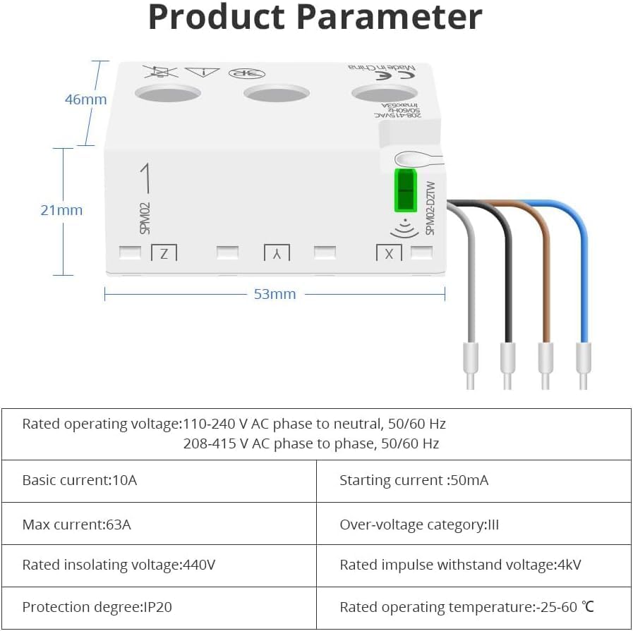 Diagram showing dimensions and a table of product parameters
