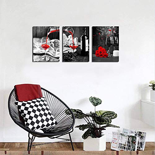 Kitchen Wall Art For Dining Room Wall Decor Still Life Black And White Canvas Art Prints Wine Barrel Bar Red Rose Painting Modern Family Wall Decorations Restaurant Bedroom Decor Artwork 3 Piece Set #TOP1