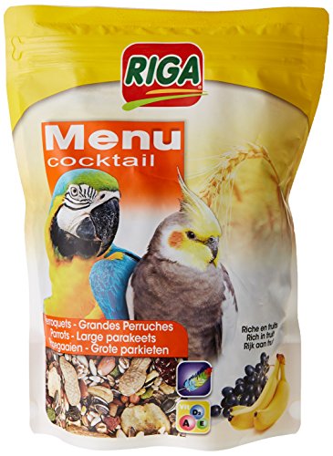 Riga - Menu Cocktail - Leckerbissen für Großsittiche & Papageien - Körnermischung, Reich an Früchten - Vitaminquelle - Energiereiches & Ausgewogenes Futter - Doypack 500g