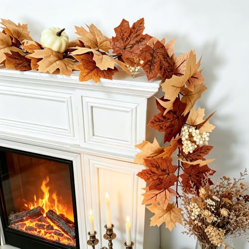 Cherica 4 Pack Fall Garland with Lights-Total 24Ft Autumn Leaves Garland for Mantle Fireplace-Brown Fall Decor for Front Door with Pumpkins Indoor Maple for Stairs Porch Thanksgiving Decorations by Cherica - Used condition - Image 7