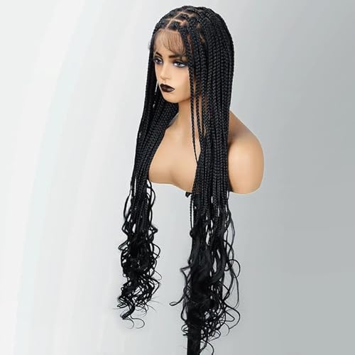 lounoke 36 Inch Braided Wigs With Curly Ends, 360 Single