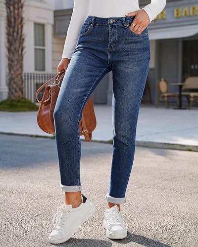 Roskiky High Waist Jeans Damen Skinny Hose Elegant Leggings Blau Dunkelblau XL