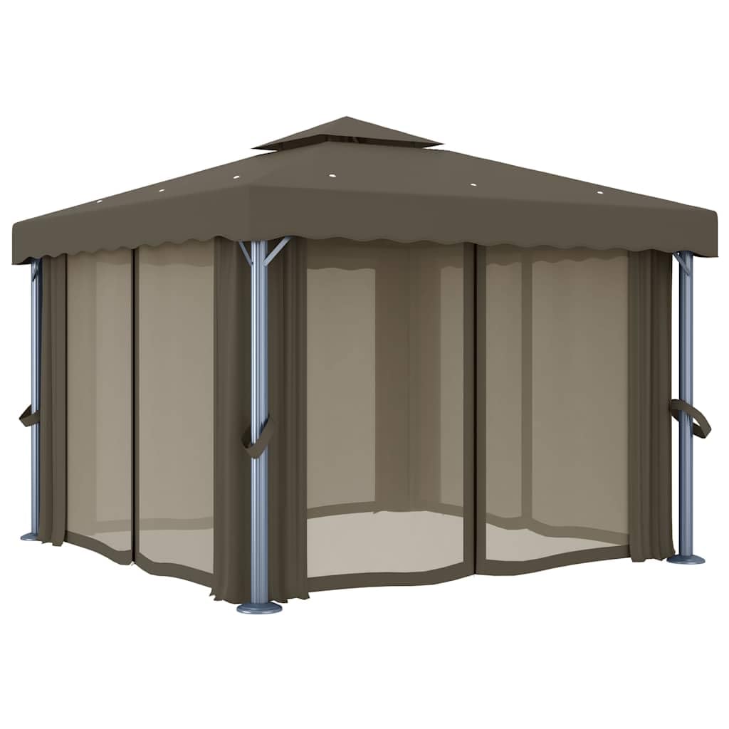 Pawilon 3 x 3 m z zasłonami i łańcuchem świetlnym LED, kolor taupe, aluminiowa rama stalowa, odporna na warunki atmosferyczne, składany, z ochroną przed promieniowaniem UV i moskitierą, do