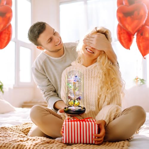 Valentines Day Rose Gifts for Her Birthday Gift for Women Galaxy Glass Rose in Glass Dome Forever Eternal Crystal Roses with Butterfly Valentines Day Gifts for Daughter Mom Wife Girlfriend Colorful