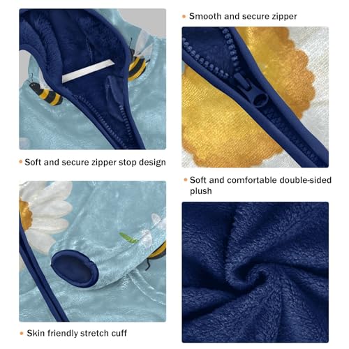 Daisy Flower and Bee on Blue Girls Fleece Jacket Girls Fall Jacket Girls Zip Up Hoodie Girls Sherpa Jacket 2-10T3