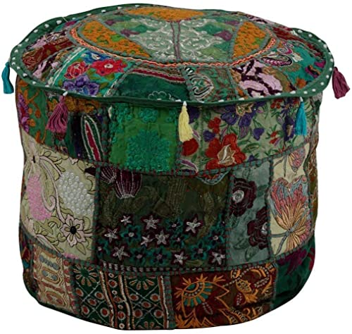 KLAVATE Indian Hippie Vintage Cotton Floor Pillow & Cushion Patchwork Bean Bag Chair Cover Boho Bohemian Hand Embroidered Handmade Pouf Ottoman (Dark Green, 13