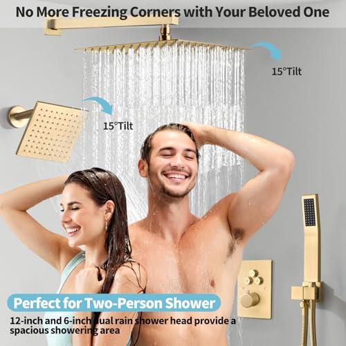 Sistema de Ducha Termostática Bronce Cepillado RomceBath con Cabezal de 12" y 6" Montaje en Pared, Válvula de 3 Modos con Botón, Kit y Rociador de Mano miniatura 2