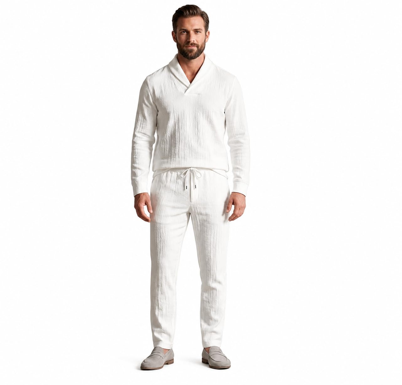 the baba's store Men’s Cotton Waffle Lounge Set | Premium White Co-Ord Set for Men | Relaxed Fit Full Sleeve Top & Drawstring Pants | Soft Breathable Nightwear | Casual Home Wear Outfit-picture-31