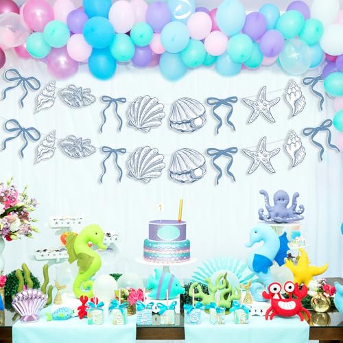 Image of Oudain 2 Pack Blue Bow Starfish and Seashell Garland 6.56 ft Ocean Coastal Nautical Beach Party Paper Bow Hanging Banner for Under the Sea Summer Birthday Wedding Bachelorette Mermaid Baby Shower