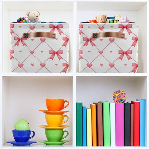 Image of Aslsiy Storage Basket Watercolor Pink Bows Hearts Nursery Bins Baby Box Canvas Clothes Shelf Basket Laundry Hamper 1 Pcs