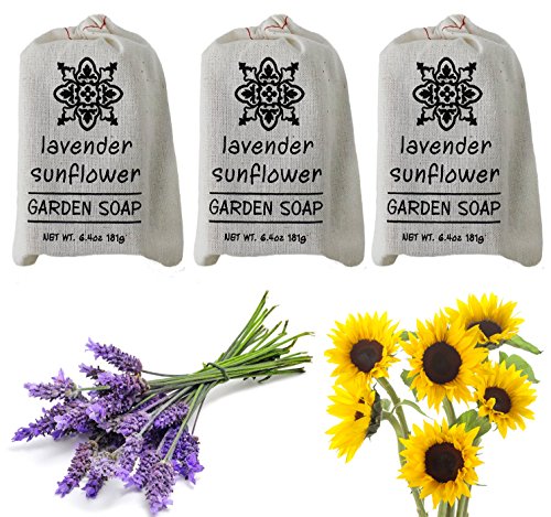 Greenwich Bay Bath Bar Soap Triple-Milled Exfoliating with Shea Butter -all Natural Soaps in Cloth Sachet -3 Pack - 6.4 Oz. ea. (Lavender Sunflower)