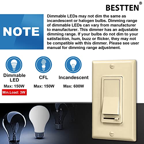 Image of BESTTEN 2 Pack Almond Dimmer Wall Light Switch, Compatible with Dimmable LED, CFL, Incandescent and Halogen Bulb, Single Pole or 3-Way Dimmer Switches, 120VAC, Decorator Wall Plate Included