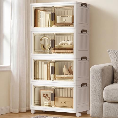 Image of SONGMICS 58QT Plastic Storage Bins with 1 Lid, 4-Tier Stackable Bins with Doors and Wheels, Foldable Storage Boxes, for Closets, Bedroom, Living Room, Office, White URLB460WZ01
