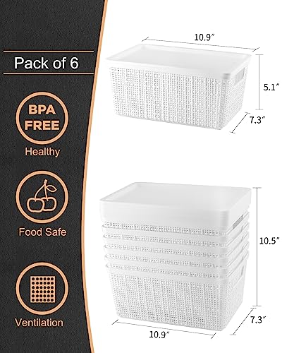 EOENVIVS 6 Packs Storage Bins with Lids Multiple-use Plastic Storage Container Baskets, Household Organizers and Storage for Shelves Drawers Desk Closet Pantry Playroom Classroom Office, White