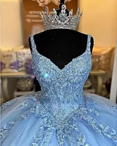 Tulle Lace Applique Quinceanera Dresses V Neck Beaded Ball Gown Spaghetti Straps Sweet 16 Dresses for Teens4