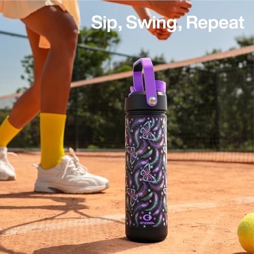Image of ENCOOL Insulated Water Bottle with Straw Stainless Steel Water Bottle, Glow in the Dark, Leak-Proof, BPA-Free, Keeps Cold for 24 Hours for Sports, Travel, School (26 oz, Midnight Butterfly)