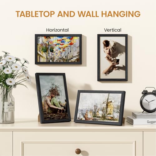 Image of 6x10 Picture Frame,Solid Oak Wood 6 inchx10 inch Photo Frame, Black Color Tempered Real Glass 6 by 10 Wooden Frames with No Mat,10x6 Picture Frames for Wall or Tabletop Display