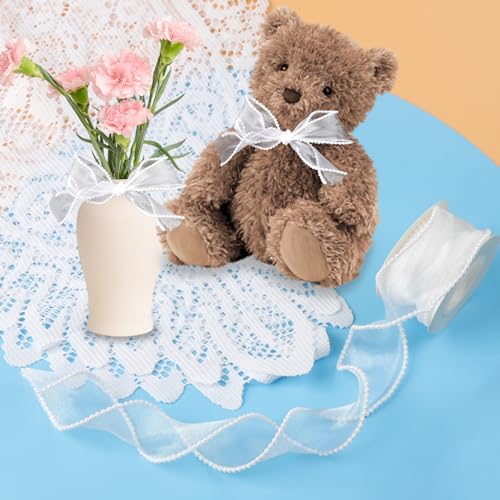 Perlenband Geschenkband Weiß,4.5m Perlenband Chiffon-Band,Transparente Hochzeit Diamantene Hochzeit Deko,Perlengirlande Spitzenband,für Hochzeits Blumen DIY Bastelarbeiten Nähen Handwerk Verpackung