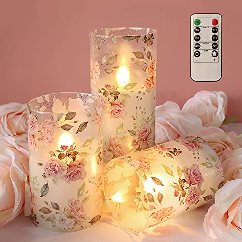 Image of MELTONE Rose Flameless Candles Love Theme Glass Pink LED Candles with Remote - Home Wedding Bedroom Room Christmas Valentine's Day Decor - Set of 3